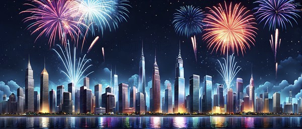 Wallpaper illustration of a cityscape on New Year's Eve, with glowing skyscrapers and floating