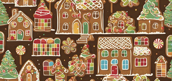 Abstract wallpaper illustration of of gingerbread house decoration, AI generated