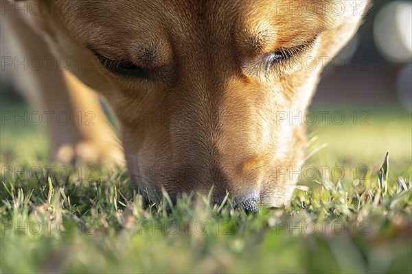 Close up of dog sniffing in grass. Generative Ai, AI generated