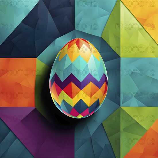 Abstract Easter egg design with geometric patterns, bold colors, and a mix of textures, creating a