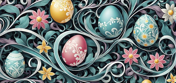 A whimsical abstract pattern with intertwined ribbons, eggs, and floral motifs, with a mix of sharp