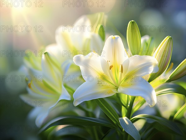 Blooming Easter lilies with soft white petals and a yellow center, bathed in gentle sunlight, AI