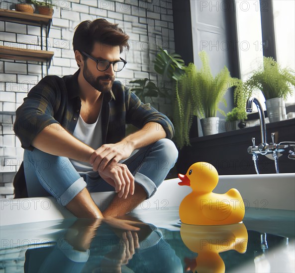 A man has his legs in the bathtub in which a rubber duck is swimming, AI generated, AI generated