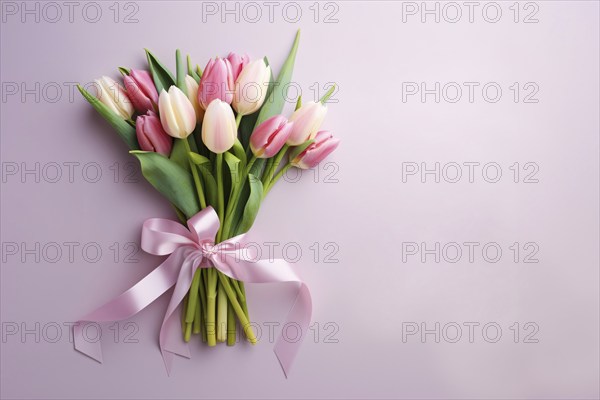 Bouquet with white and pink tulip spring flowers and silk ribbon. KI generiert, generiert AI