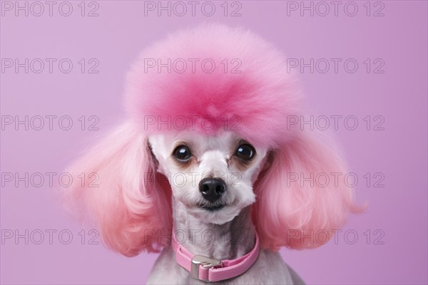 Funny poodle dog with pink dyed fur in front of studio background. KI generiert, generiert, AI