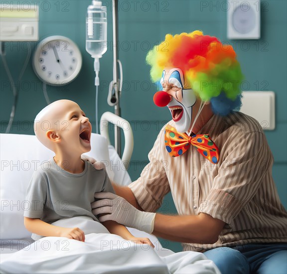 A clown, a hospital clown, in mask, red nose and costume with a sick child in the hospital and
