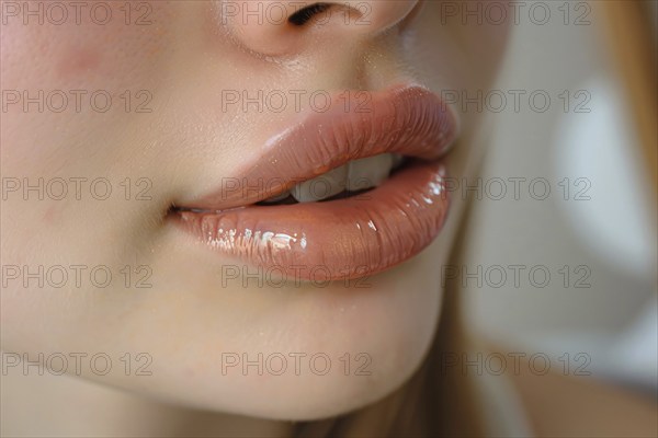 Close up of large plump lips of woman with Hyaluronic acid beauty fillers, KI generiert, generiert,