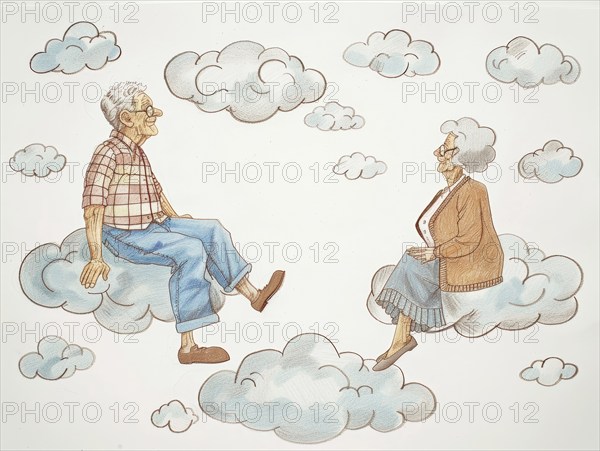A caricature, illustration of an elderly couple sitting on clouds, cheerful idea of the afterlife,