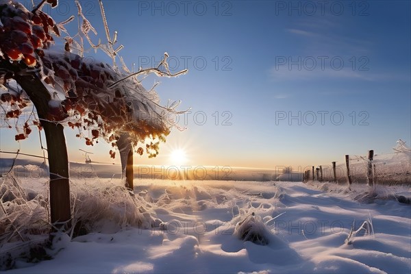 AI generated winter in the vineyard with snow blankets dormant vines and ambient light