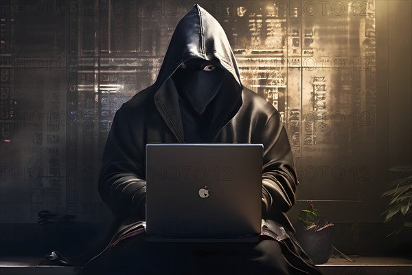 AI generated hooded man clutching a laptop symbolizing cyber criminality