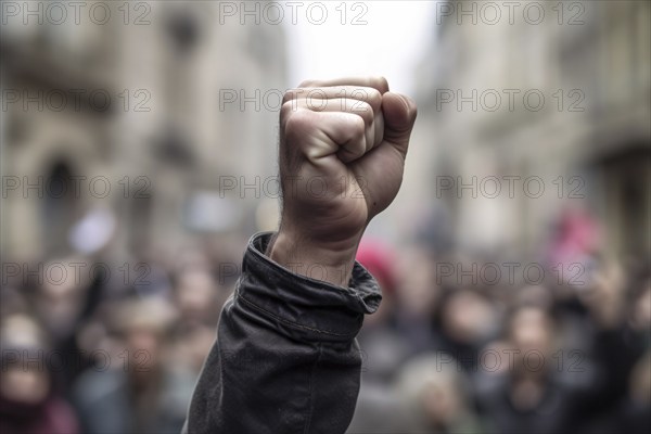 Man's raised fists with blurry crowd of rioting people in background. KI generiert, generiert AI