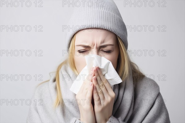 Young woman with cold sneezing into paper tissue. KI generiert, generiert AI generated