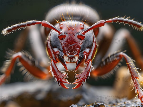 Extreme close-up of a red ant (Formica rufa), focusing on its sharp mandibles, textured