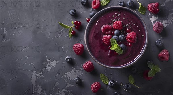 Flat lay view of acai bowl smoothie and Spirulina algae with berries. Healthy diet, AI generated