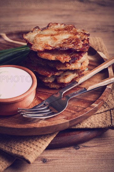 Potato pancakes, pancakes with sour cream, Belarusian dish, homemade, no people