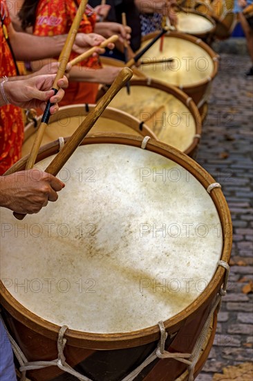 Group of percussionists and their drums on the streets of Recife during brazilian Carnival, Recife,