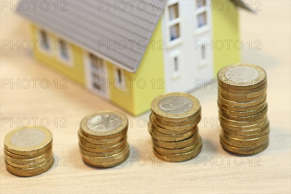 Concept photo with model house and coins