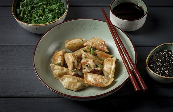 Japanese fried gyoza dumplings, with pork, sesame seeds, green onions