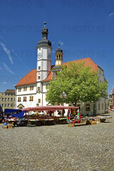 Eisenberg town hall from the 16th century on the market square, old town of Eisenberg,