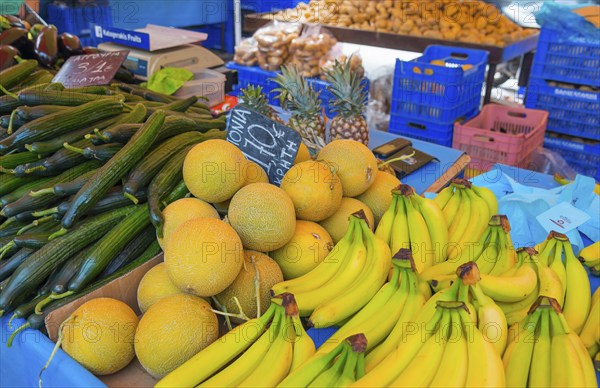 Market stall with a variety of fresh fruit such as bananas, melons and cucumbers. A colourful and