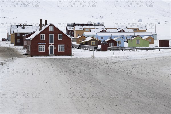 Houses in different colours, winter landscape, research settlement, scientific settlement,