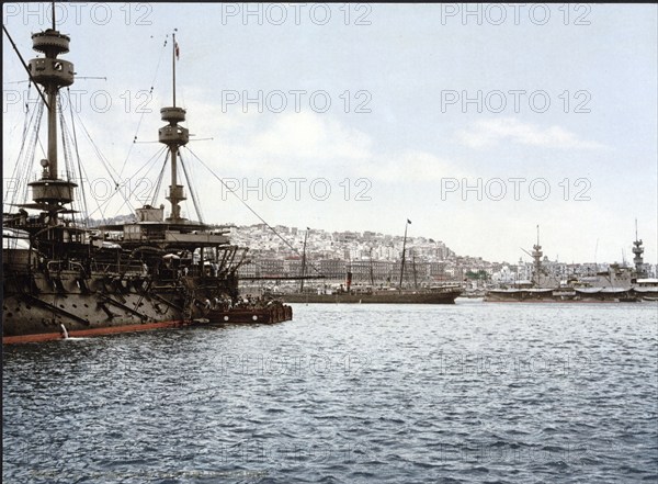 Harbour with warships, Algiers, Algeria, ca 1890, Historical, digitally restored reproduction from