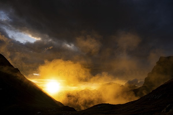 Montafon mountains with dramatic cloudy sky at sunset, Tschagguns, Rätikon, Montafon, Vorarlberg,