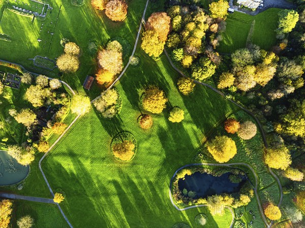 Top Down at Sunrise over Glastonbury Abbey from a drone, Glastonbury, Somerset, England, United