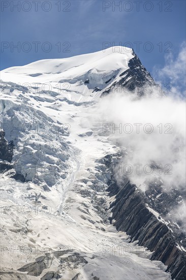 High alpine mountain landscape, glaciated mountain peak, La Jonction, Chamonix, Haute-Savoie,
