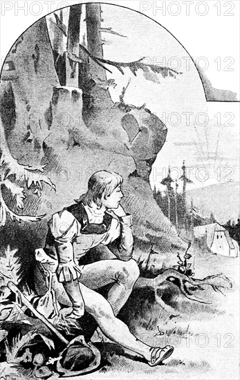 Pictures from a soldier's life, returning home after battle, young farmhand sitting thoughtfully by
