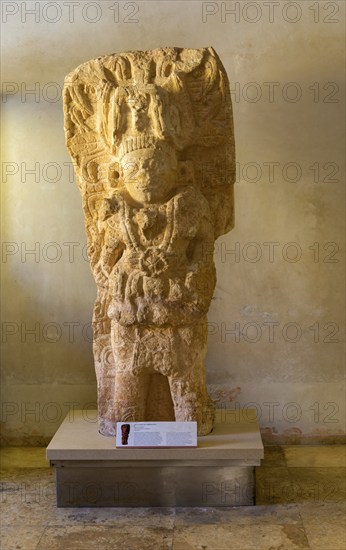 Stone limestone sculpture of a ruler, from Hopelchen, Classic period, Mayan archaeological museum,