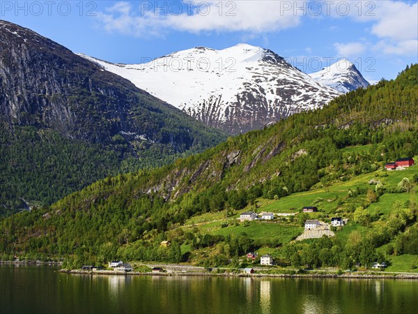 Mountains and Fjord over Norwegian Village, Olden, Innvikfjorden, Norway, Europe