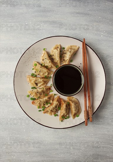 Japanese Gyoza dumplings, fried, with sauce, top view, without people, tinted, selective focus