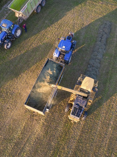 Aerial view of two tractors and a trailer during field work at the harvest, Haselstaller Hof,