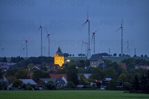 Wind farm above the village of Lichtenau, self-proclaimed energy town, houses with photovoltaic