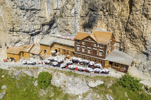 Ebenalp, Guest house Aescher, Wildkirchli under the Ascher cliff, aerial view, Ebenalp, Appenzell,