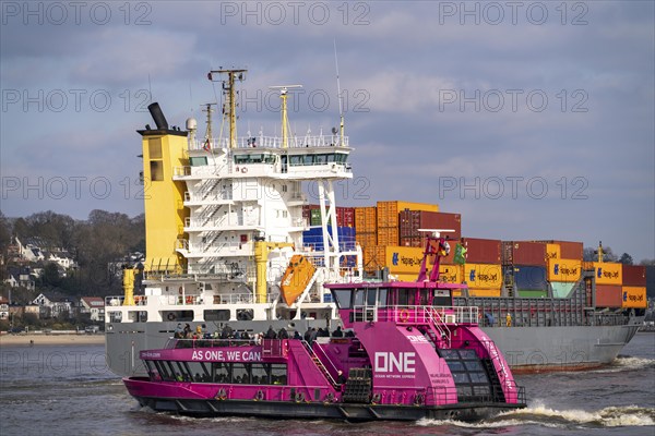 Hadag harbour ferry on the Elbe, container ship, feeder ship, height Övelgönne, Hamburg, Germany,