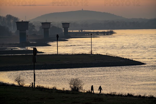 Rhine at Duisburg-Bruckhausen, towers of the water extraction facilities of ThyssenKrupp Steel