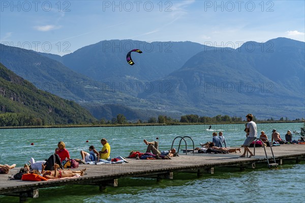 Gretl am See lido on Lake Kaltern, near the village of Kaltern, in the Adige Valley in South Tyrol,