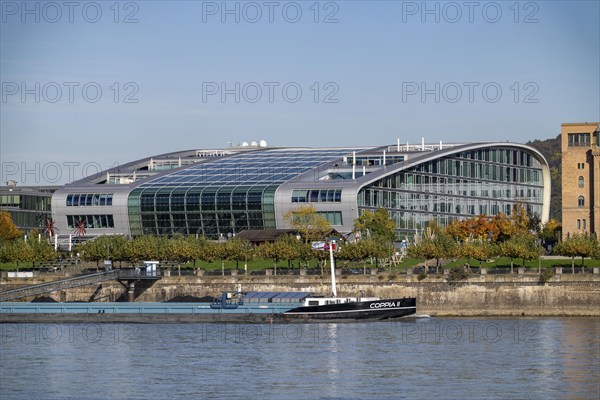The Kameha Grand Hotel in Bonn, directly on the Rhine, Bonn-Beuel, cargo ship, North