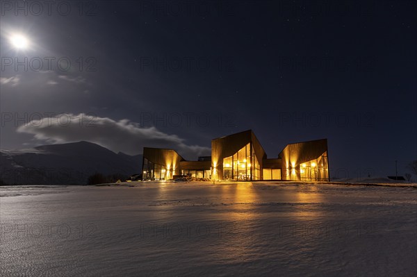 Hotel, restaurant, café, Lyngen North, moonlight, night shot, snow, Lyngen Alps, Norway, Europe