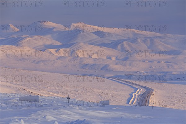 Road, gravel road, highway, icy, snowy, mountain landscape, morning light, Dempster Highway,