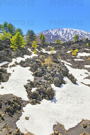 View of lava fields and snow-capped peaks in the distance, Etna, Sicily, Italy, Europe