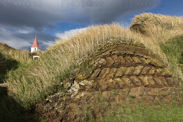 Grass sod houses and church tower, peat farm or peat museum Glaumbaer or Glaumbær, Skagafjörður,