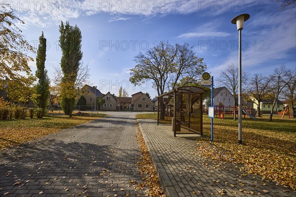 Möglenz bus stop with lantern and autumnal trees, Dorfstraße, Möglenz district, Bad Liebenwerda,