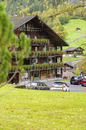 Wooden house with flower-decorated balcony in a village surrounded by trees, Lauterbrunnen,