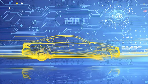 Sport car silhouette with vibrant blue and yellow dynamic lines showing motion, surrounded by data