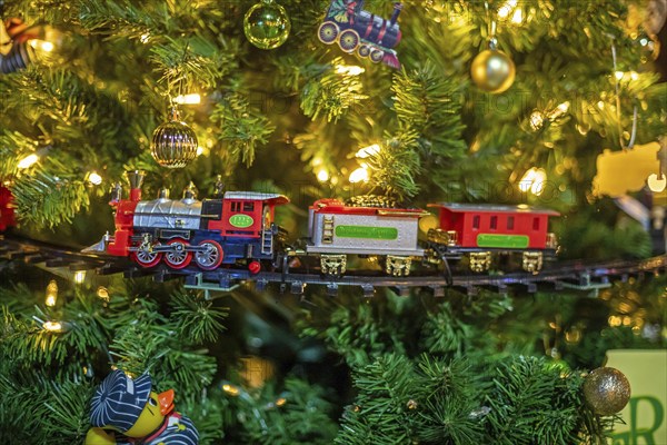 St. Thomas, Ontario Canada - Decorated Christmas trees and historic railway rolling stock are on