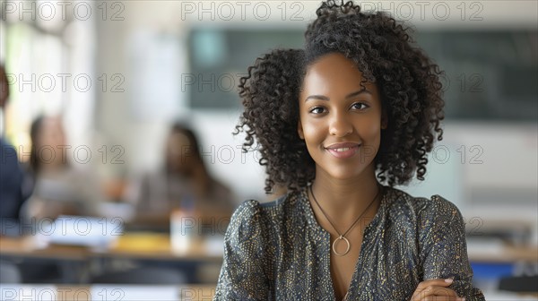 Proud smiling african american female teacher standing in her classroom. generative AI, AI
