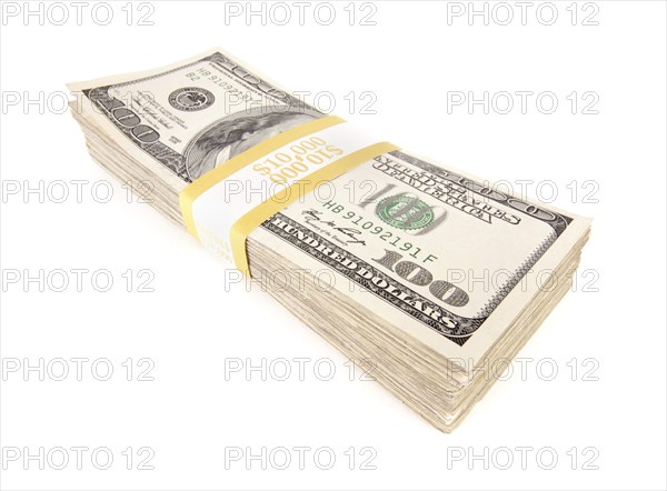 Stack of ten thousand dollars worth of one hundred dollar bills isolated on white background